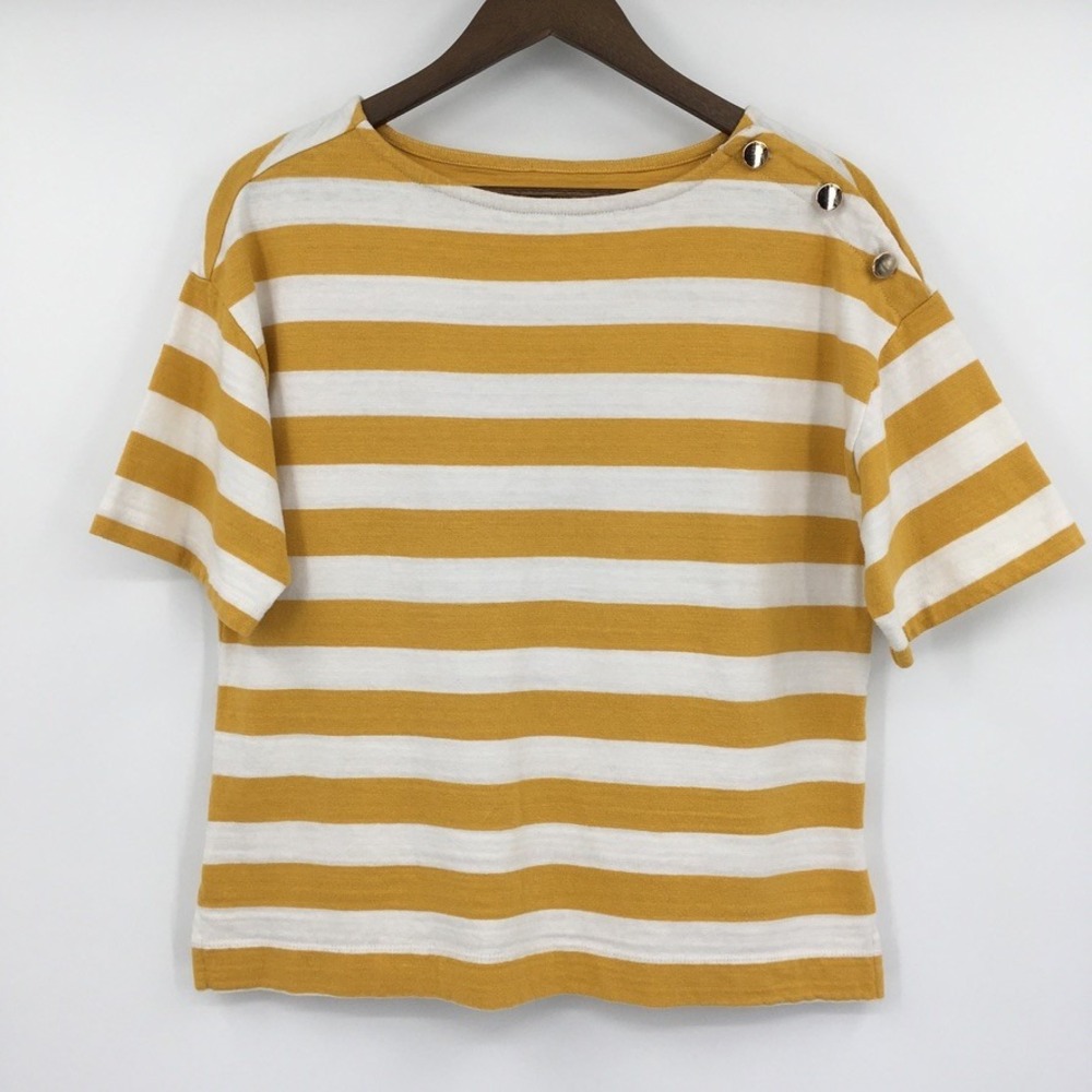 LOFT Striped Button Shoulder Short Sleeve Top Womens S Yellow Nautical‎ Preppy